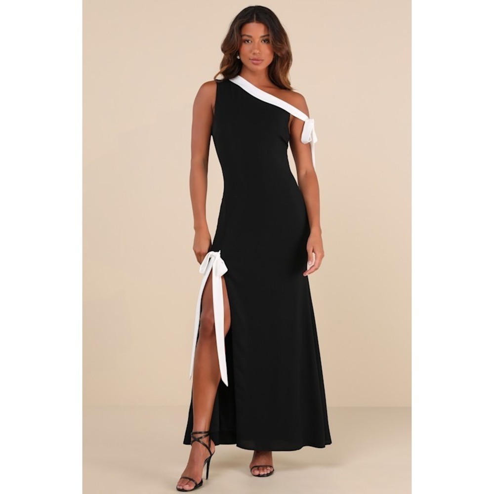 Lulus Intriguing Demeanor Black And White Bow One-shoulder Maxi Dress - Size XL